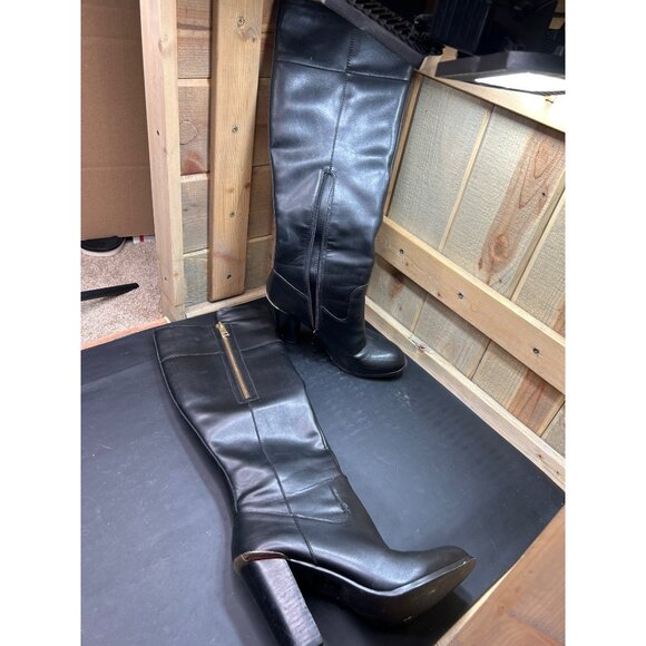 Aldo Black Faux Leather Knee-High Boots Size 8 With Chunky Heel & Side Zipper - Picture 5 of 11